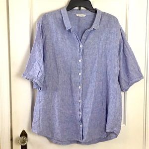 BeachLunchLounge Linen Blouse XL Blue White Stripe Short Sleeve Collared